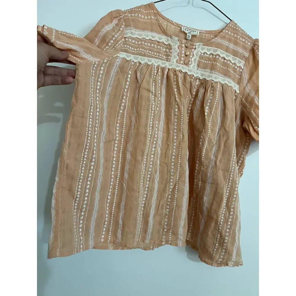 Hayden Girls NWT‎ Boho Blouse Size XL Peach Pink Stripe Lace Trim Peasant Top